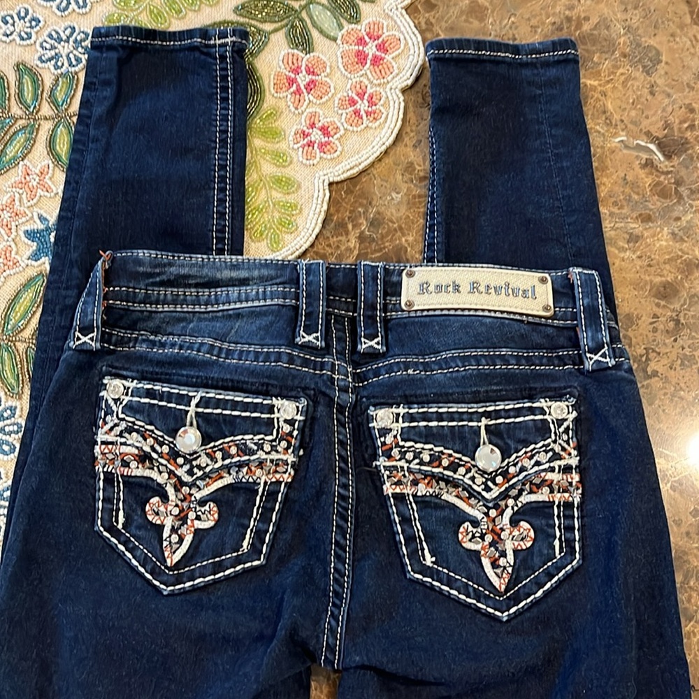 Rock Revival Nicci Embellished Dark Wash Mid-Rise Skinny Stretch Jeans size 25